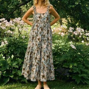 Rage Floral Tiered Midi Dress Size M NWT Blue Tropical Boho Resort Summer